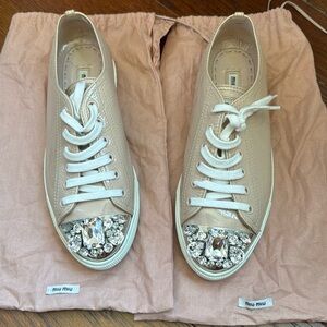 Wore Once - Miu Miu 37 size Women's Tan and Pink Crystal-embellished Trainers
